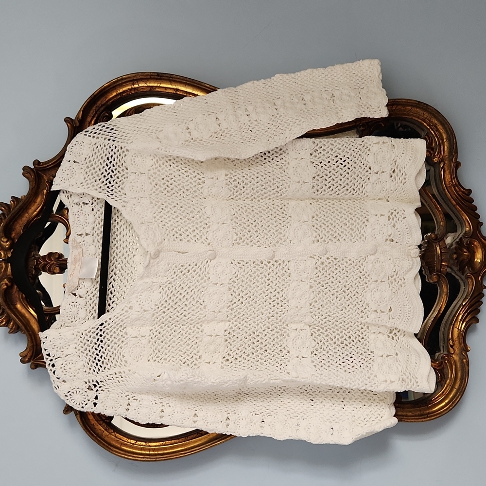 Hand crocheted white cotton cardigan